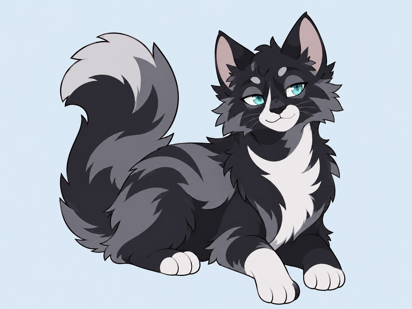 A fluffy charcoal-gray cat with cyan eyes, white paws and a white chest reclining on a powder-blue background.