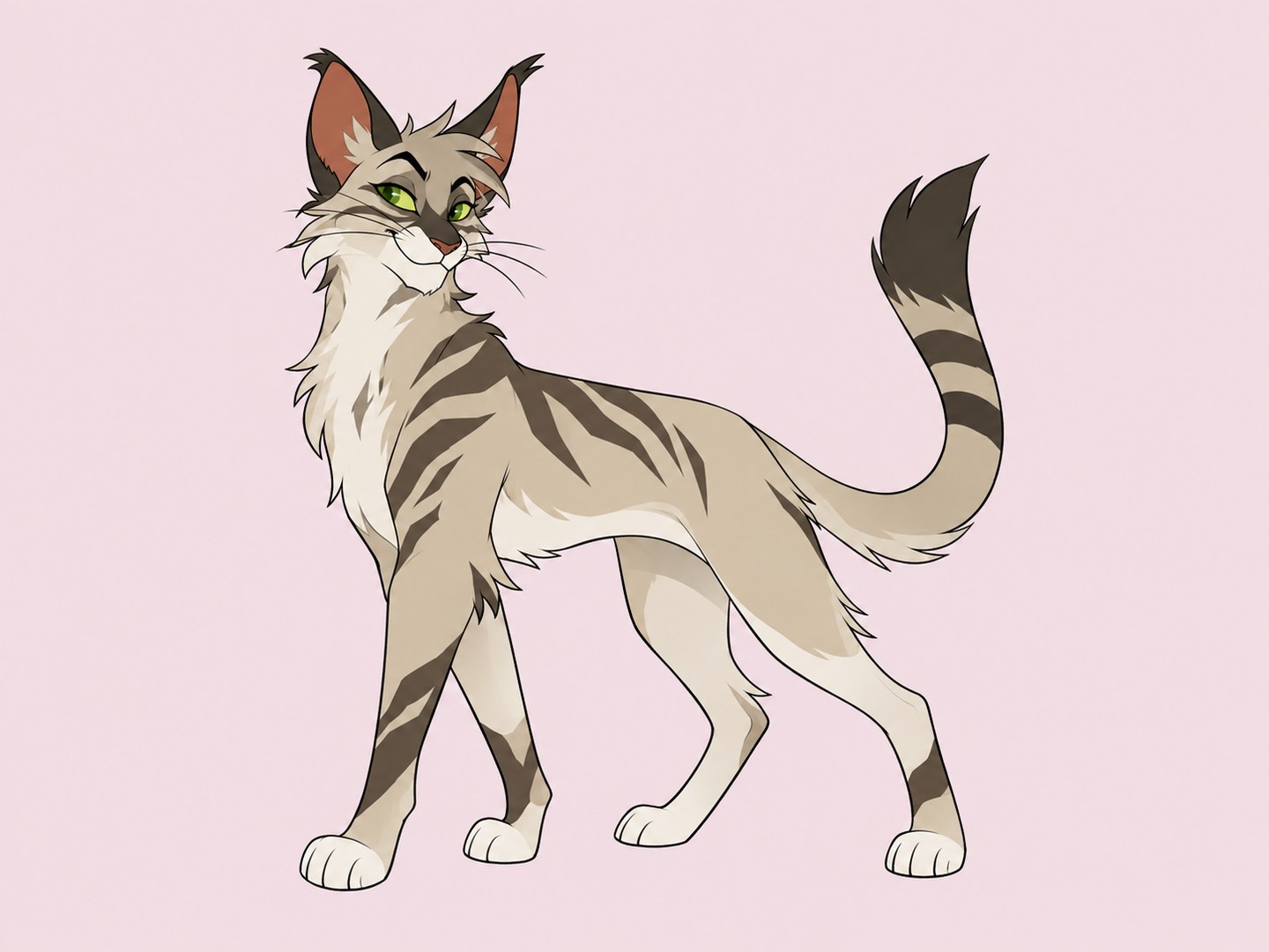 A slender sandy tabby with green eyes, white paws and a long raised tail shown in full on a pale pink background.