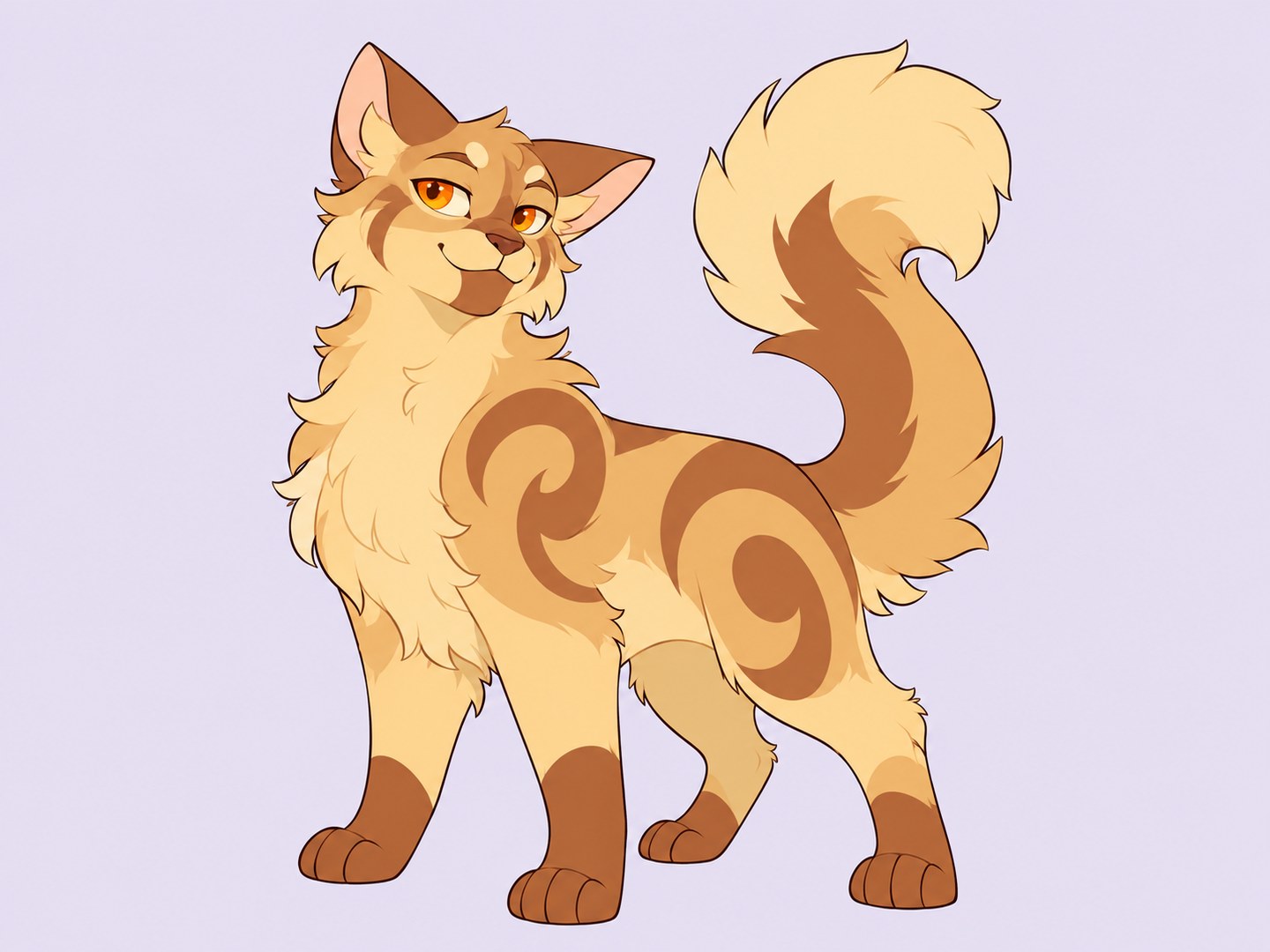 A golden cat with amber eyes, caramel spiral markings and a raised fluffy tail on a pale lavender background.