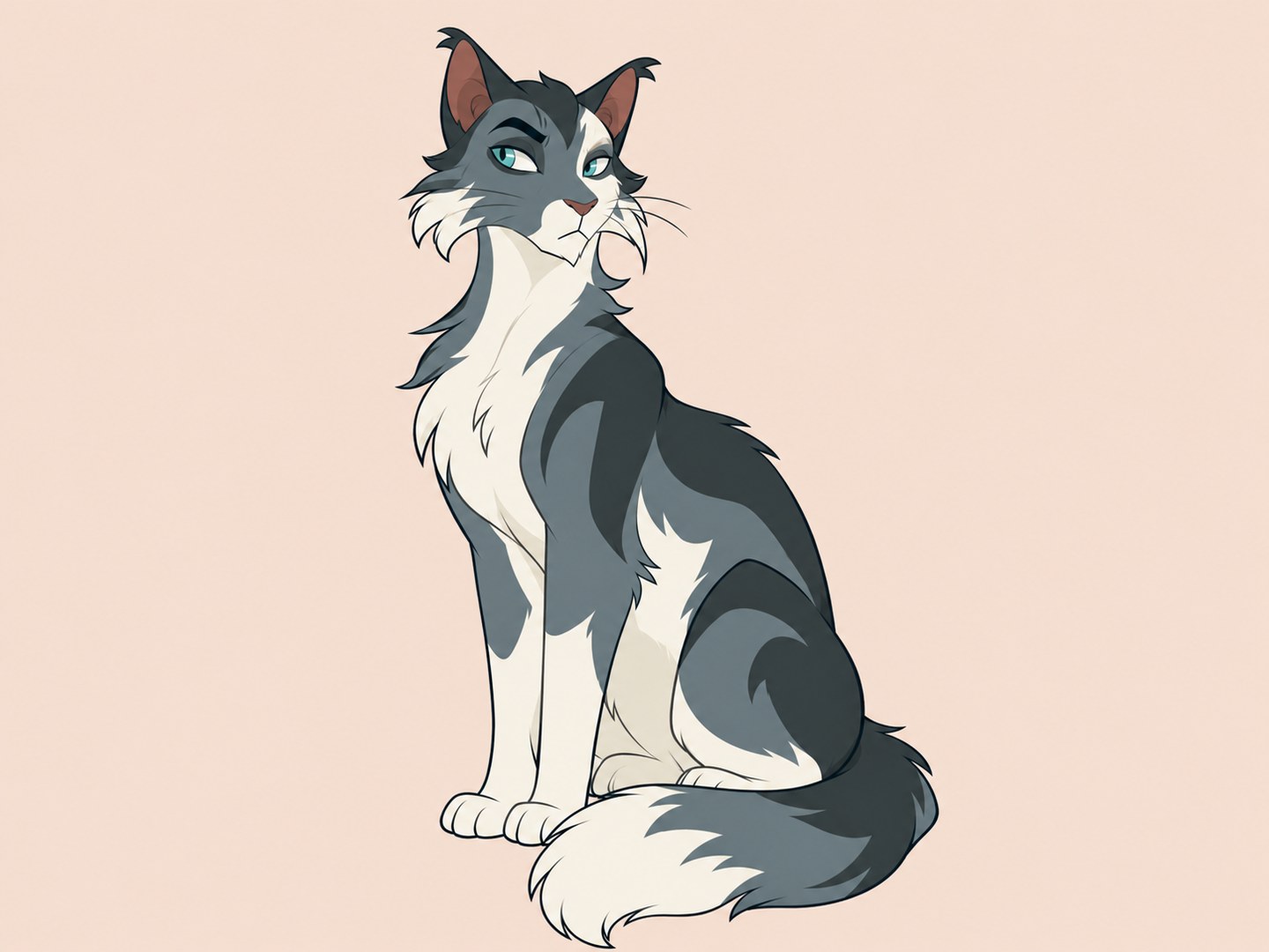 A seated blue-gray and ivory cat with teal eyes and a curled fluffy tail on a peach background.