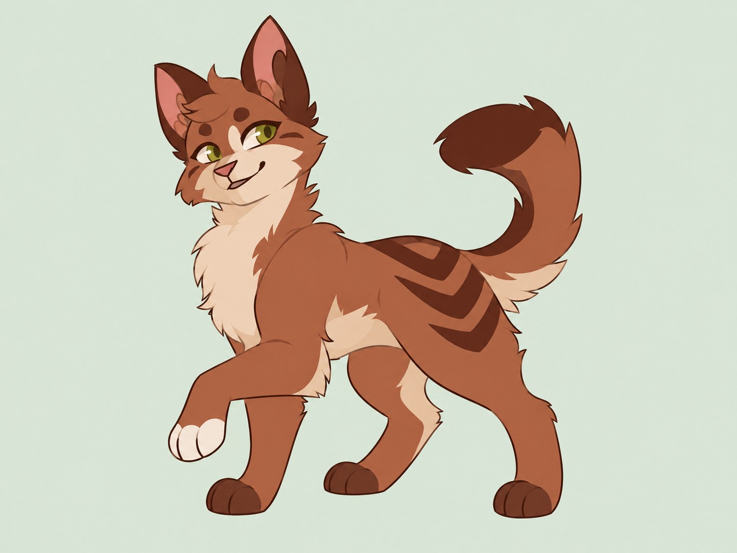 A russet cat with olive eyes, dark flank markings, a cream chest and a lifted white-tipped paw on a sage-green background.