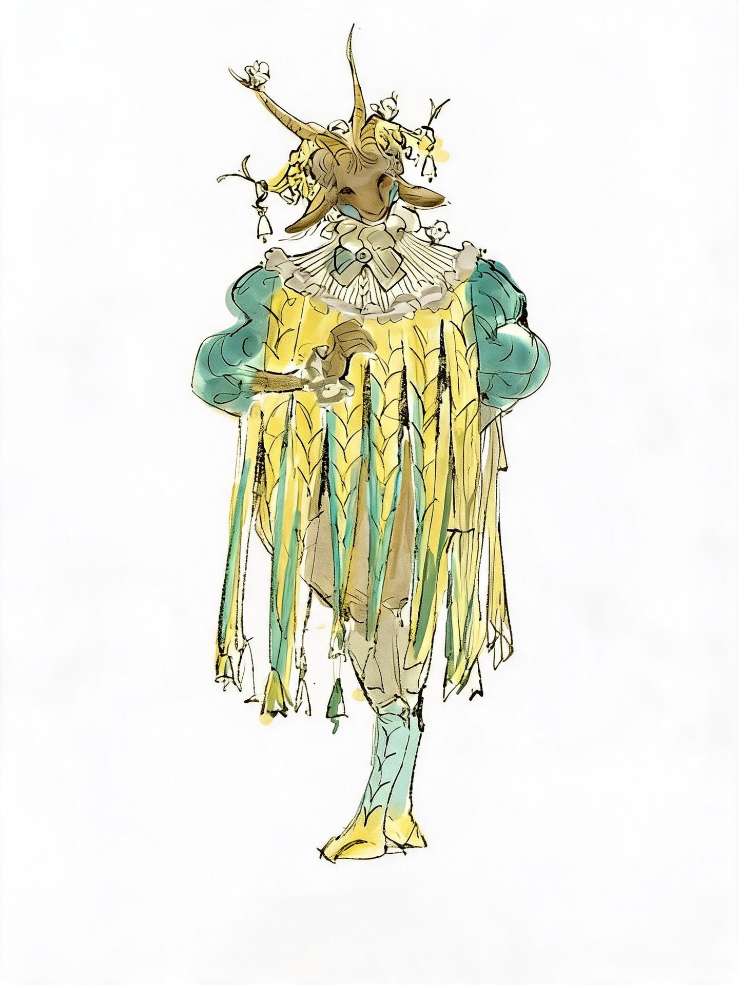 The Bell-ringer with a goat-like face, long horns and hanging bells, wearing a cream ruff, teal puff sleeves and long yellow strips.