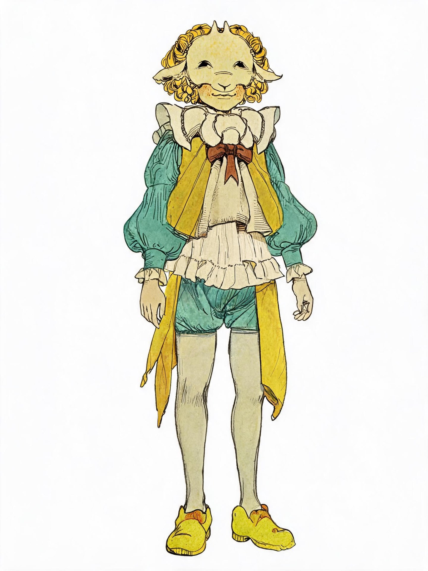 Clémente Dearworth with golden curls and a goat mask, wearing teal puff sleeves, cream ruffles, yellow panels and bow-trimmed shoes.