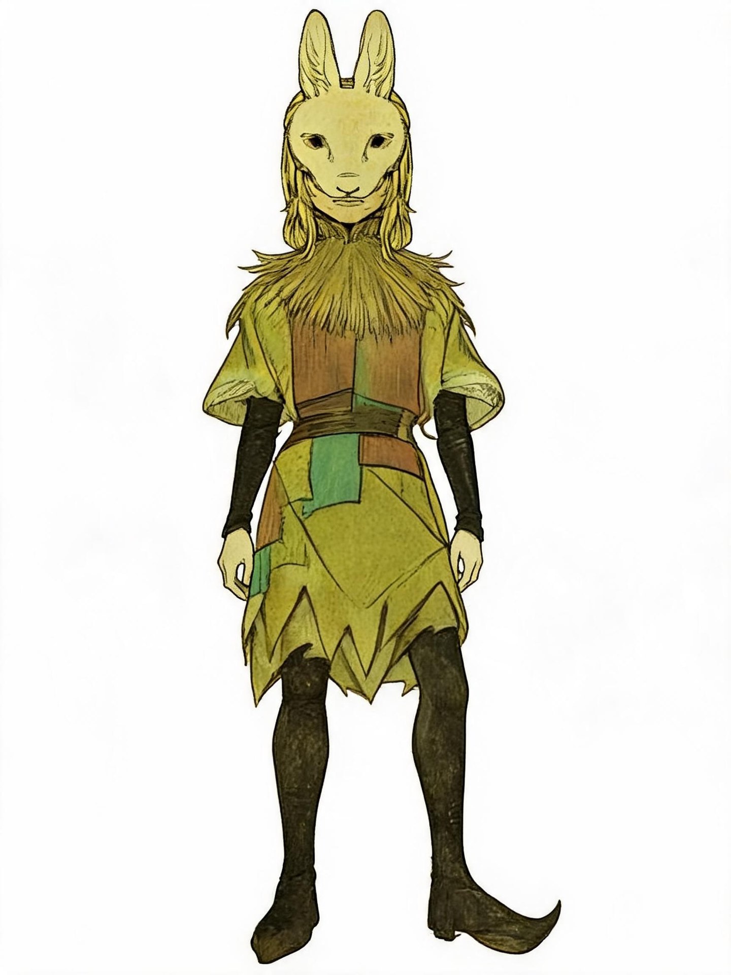 Cole Seymour wearing a long-eared hare mask, shaggy collar, green patchwork tunic, dark leggings and pointed shoes.
