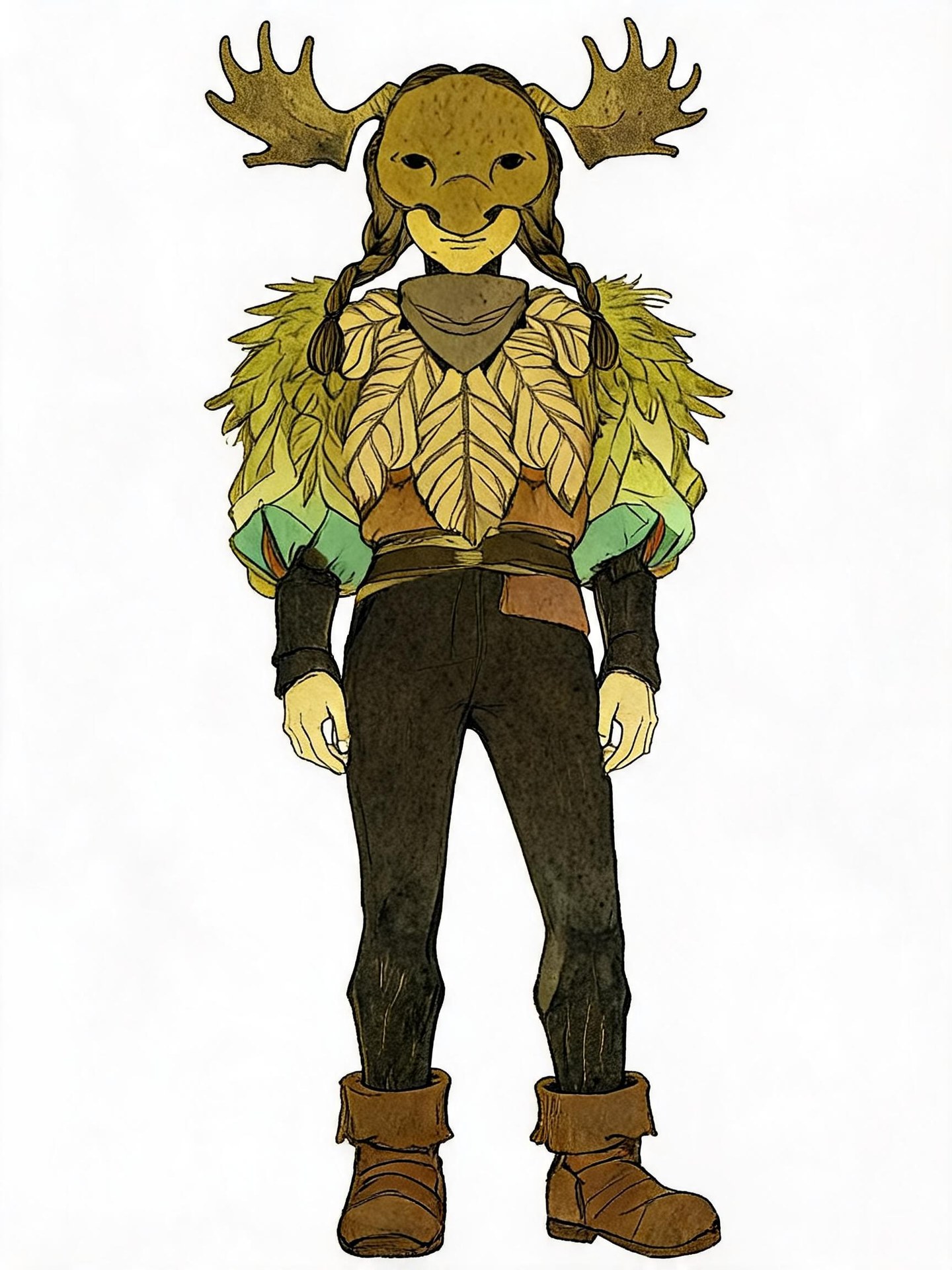 Peregrine August in an antlered moose mask, dark braids, layered leaf collar, dark trousers and brown lace-up boots.