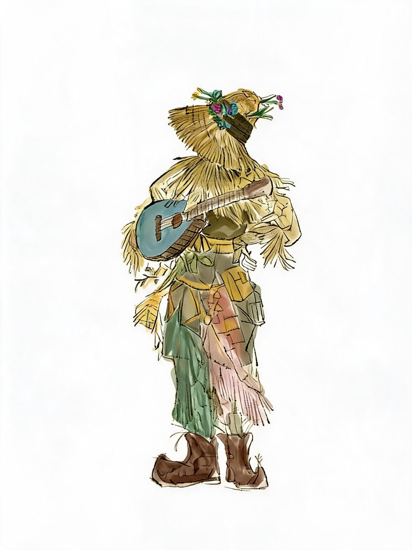 The Storyteller with a face-concealing straw hat, flower decorations, straw-like shoulder layers, patchwork clothing and a blue stringed instrument.