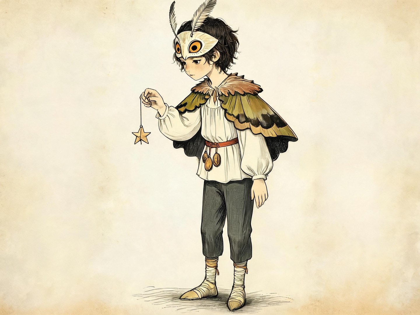 Original moth-masked character with tousled dark hair, a scalloped green-and-brown cape and a dangling star, with the face visible beneath the raised mask.