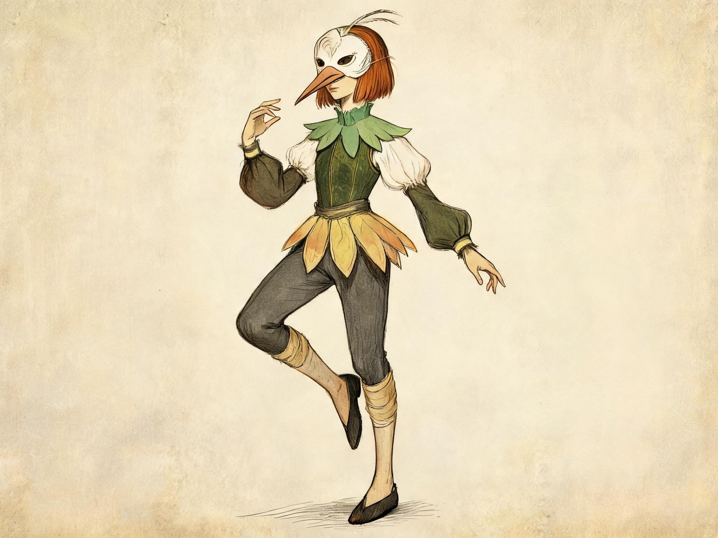 Original long-beaked bird-masked dancer with copper hair, a green leaf collar and yellow petal-shaped hip panels, balancing on one leg.