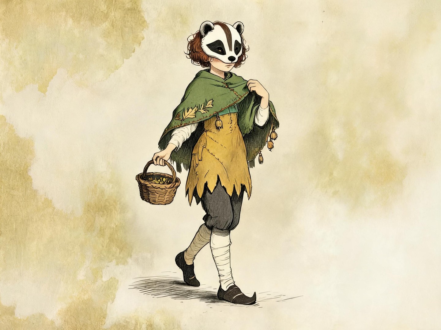 Original badger-masked forager with short brown curls, an embroidered green shawl, a yellow tunic and a woven basket.