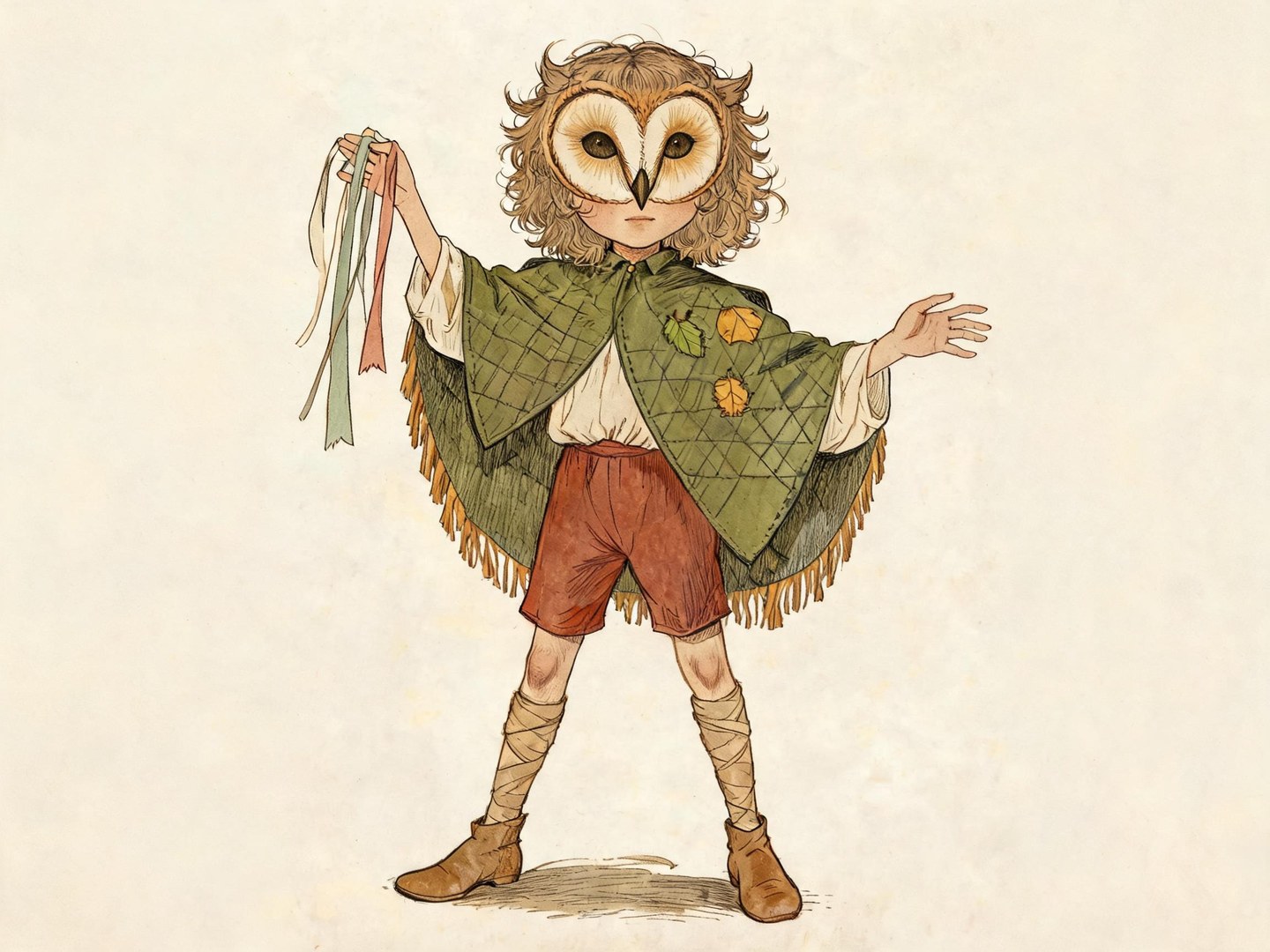 Original owl-masked character with curly hair, a leaf-patched green cape, rust shorts and colored ribbons on a warm paper background.