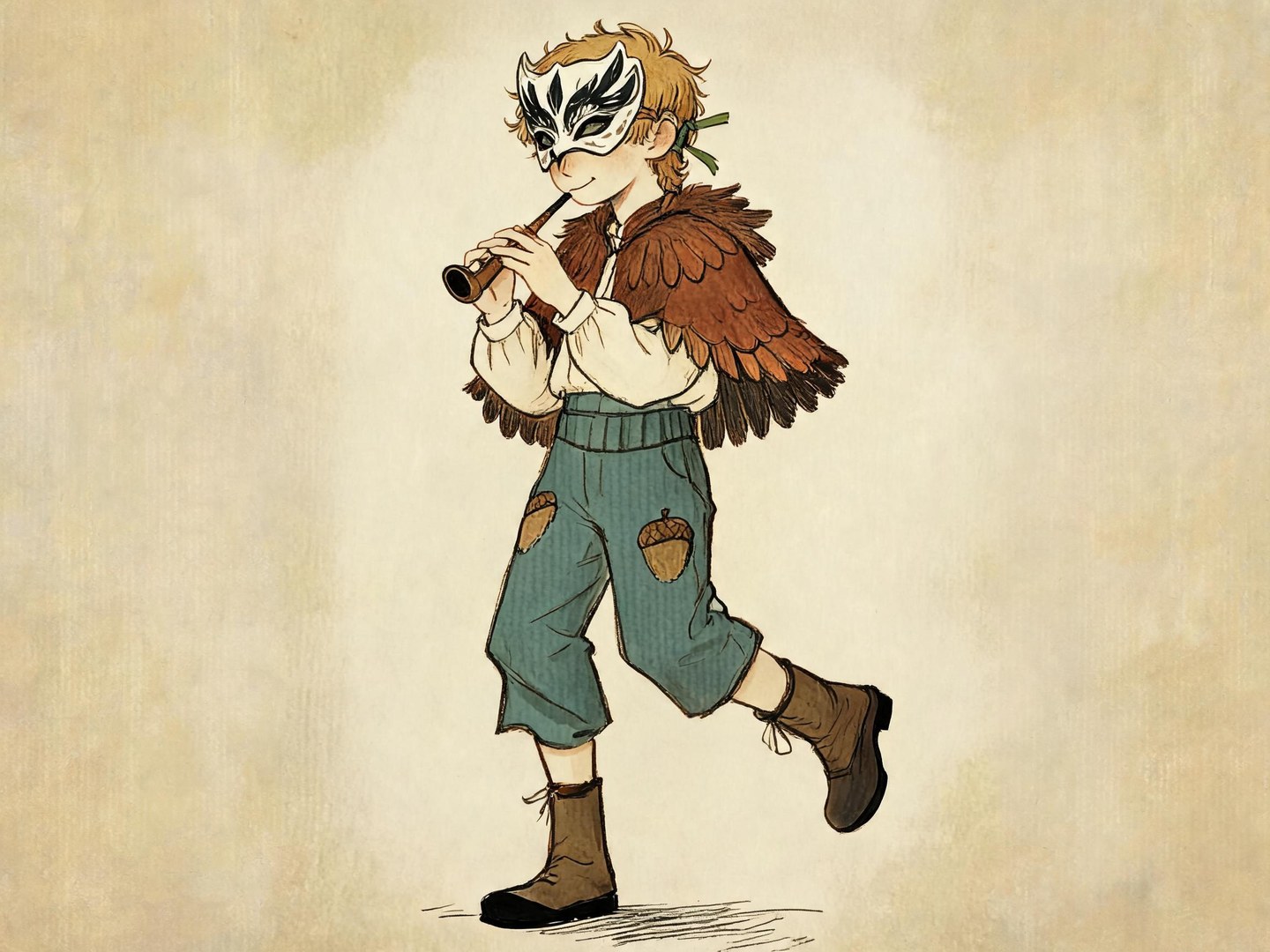 Original bird-masked musician with golden hair, a rust feather cape and teal patched trousers, playing a wooden pipe